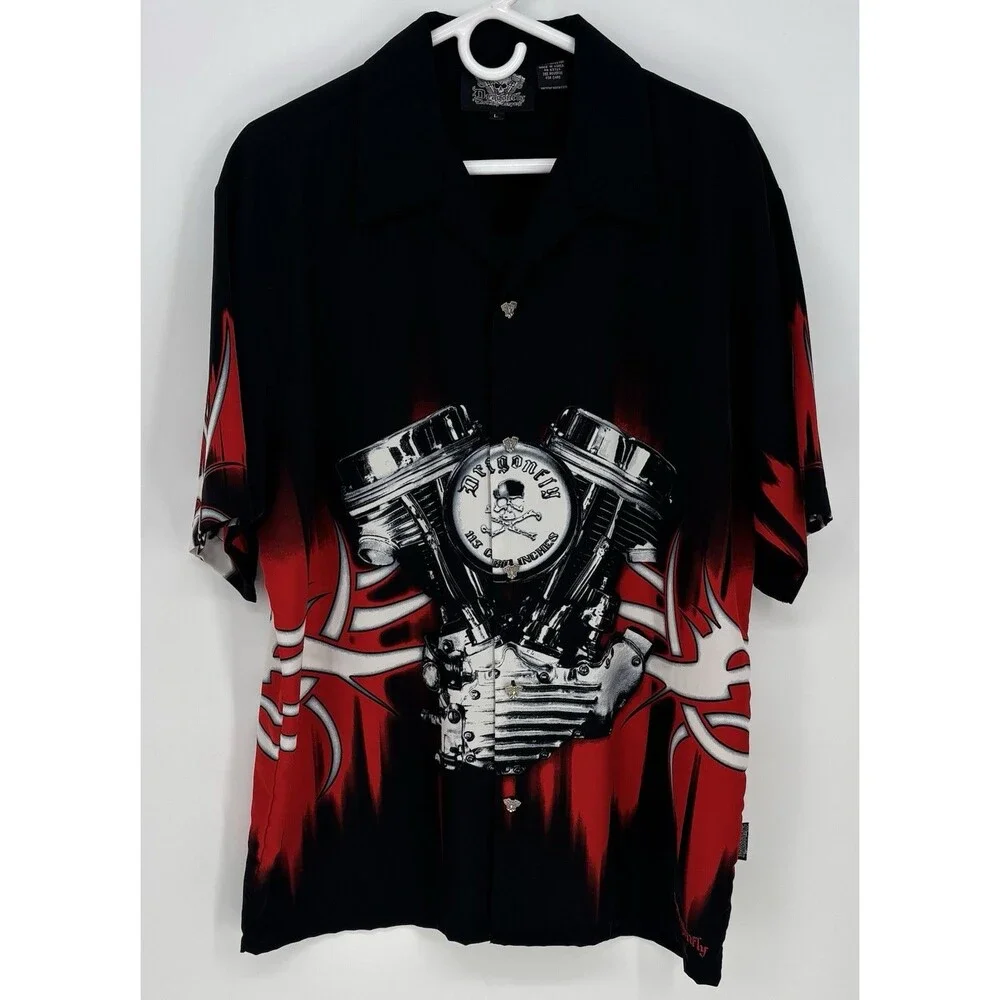 Vintage Y2K Dragonfly Motorcycle V-Twin Engine Biker Tribal Bowling Shirt L NWOT